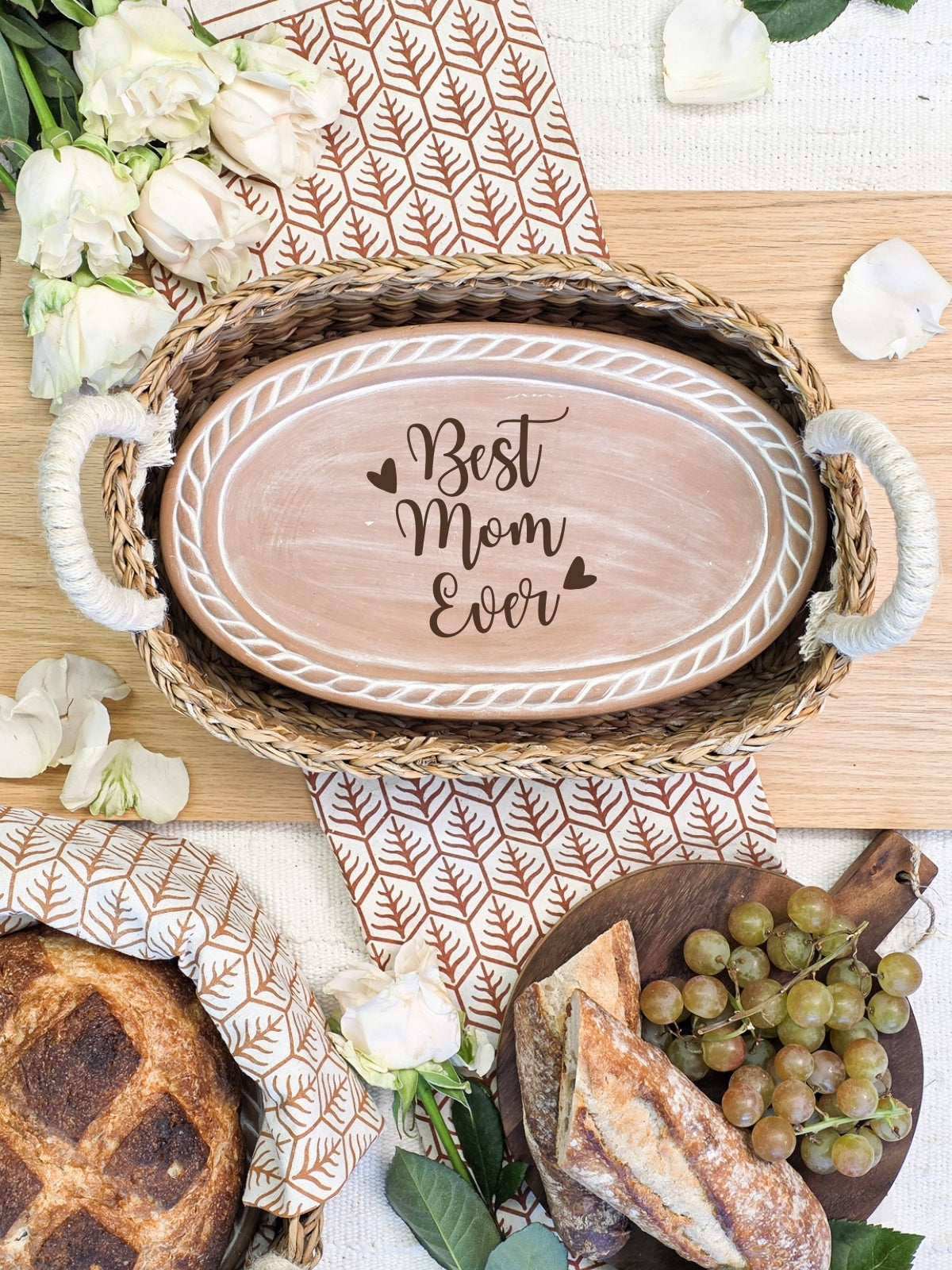Bread Warmer & Basket Gift Set with Tea Towel - Mom Oval